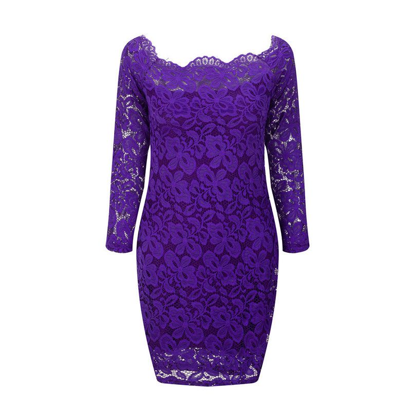 Elegant Plain Lace Long-sleeve Boat Neck Three-quarter Sleeve Bodycon Dress