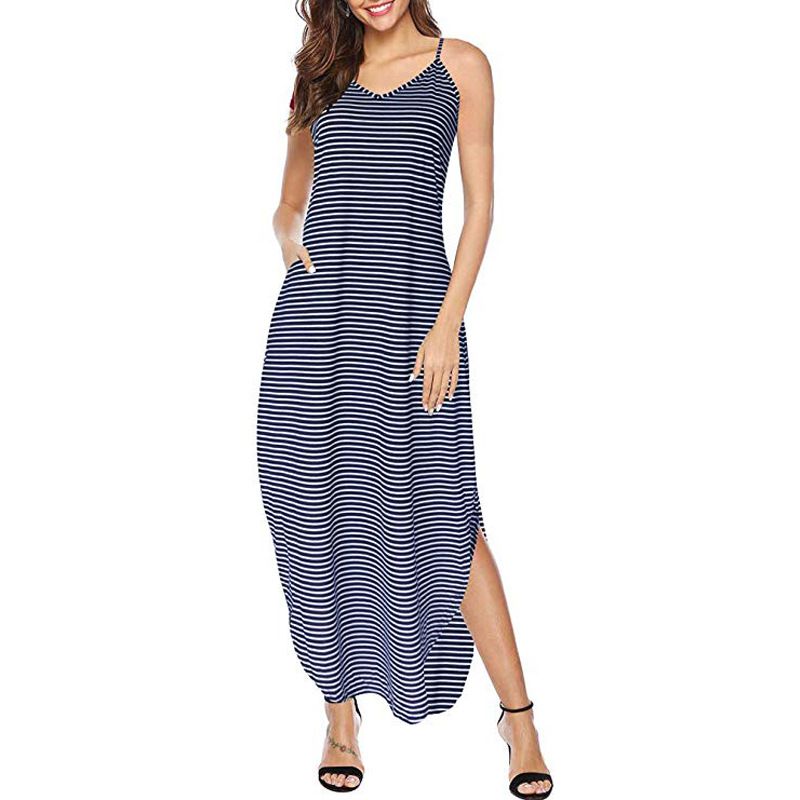 Classic Stripes Print Loose Pattern Women Side-slit Maxi Slip Dress