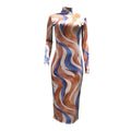 Ankle-length Mock Turtle Neck Long-sleeve Contrast Wavy Stripes Print Tight Dress