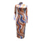 Ankle-length Mock Turtle Neck Long-sleeve Contrast Wavy Stripes Print Tight Dress