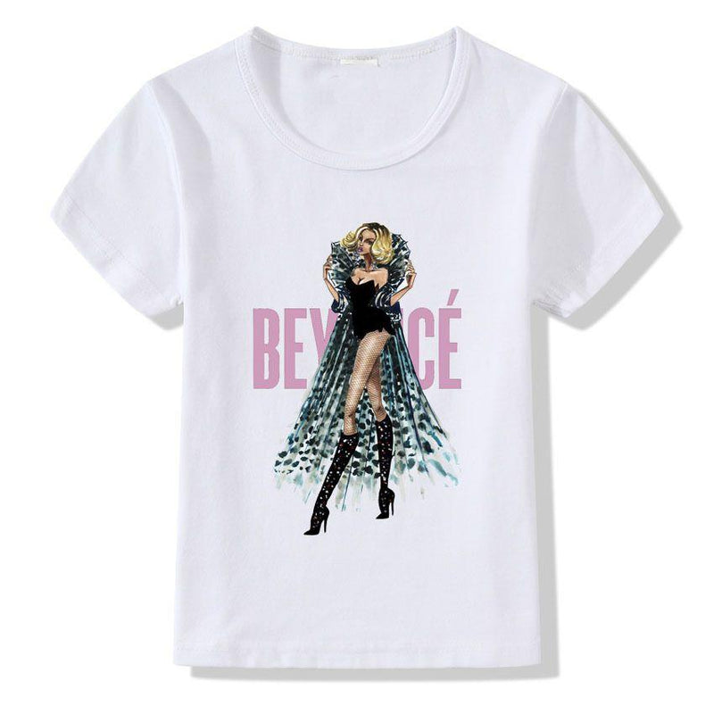 Girls Model Fashion Print Round Neck White Tees