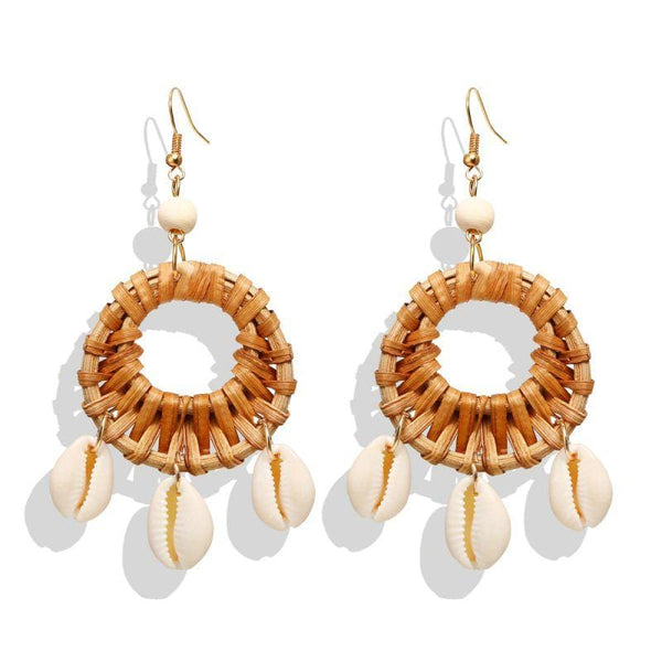 Women Retro Ethnic Style Wooden Woven Shell Dangle Earrings