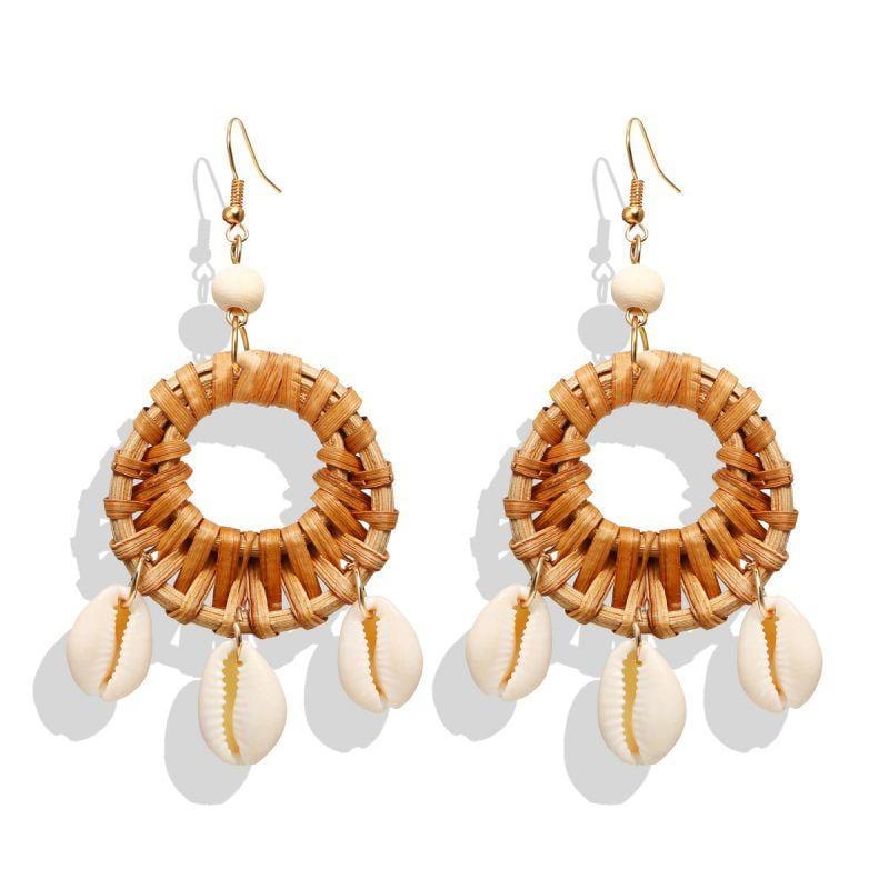 Women Retro Ethnic Style Wooden Woven Shell Dangle Earrings