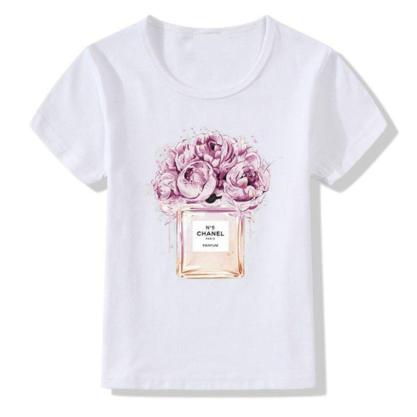 Girls Short Sleeves Perfume Rose Print White Tees