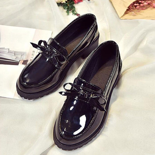British Style Bowknot Decor Chunky Heel Leather Shoes