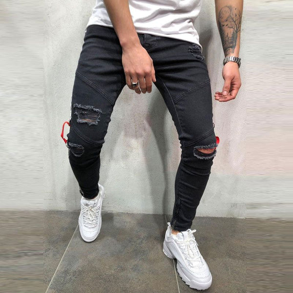 Fashion Men Side Stripes Ripped Black Denim Jeans