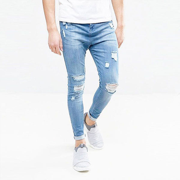 Fashion Men Solid Color Ripped Denim Jeans