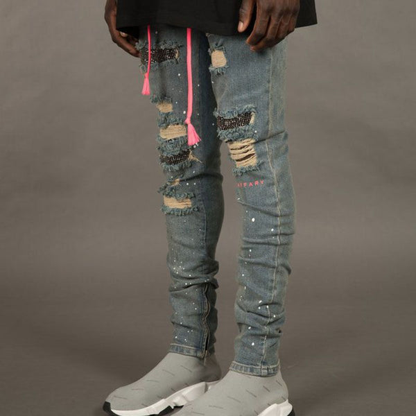 Highstreet Men Ripped Paint Splatter Pattern Skinny Jeans