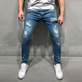 Men Patched Ripped Zip Fly Skinny Jeans