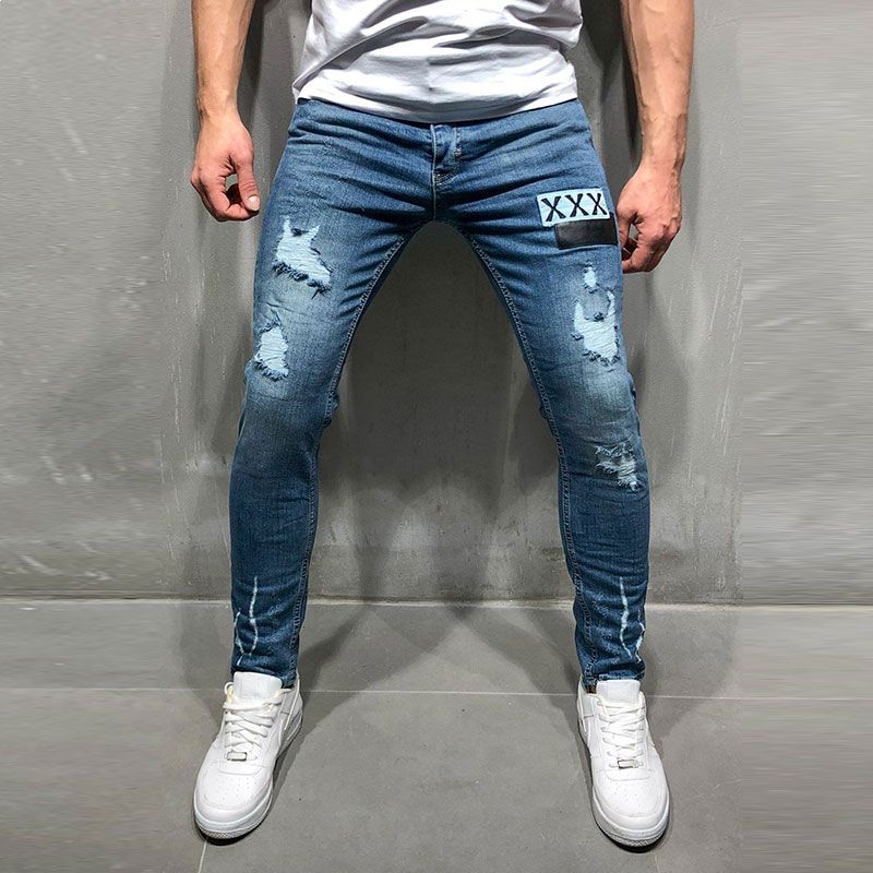 Men Patched Ripped Zip Fly Skinny Jeans