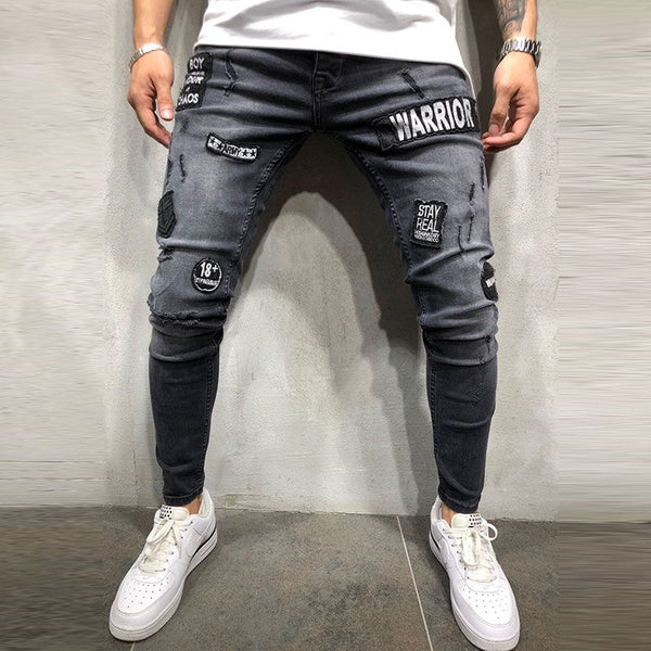 Men Fashion Patched Ripped Skinny Jeans