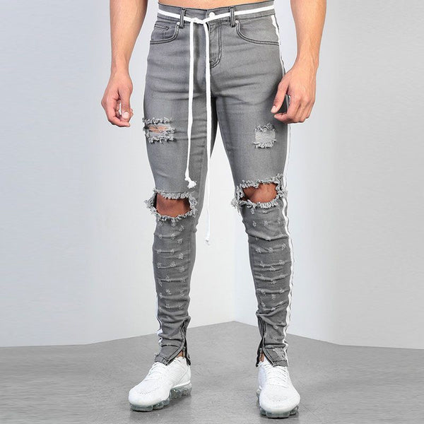 Men Side Stripes Print Destroyed Skinny Jeans