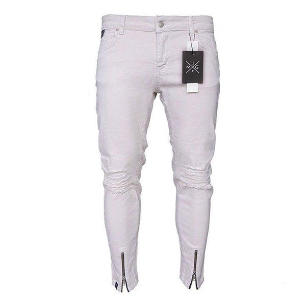 Men Destroyed Zipper Design White Skinny Jeans