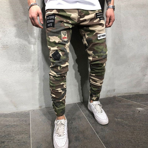 Fashion Men Cotton Camouflage Patched Design Skinny Jeans