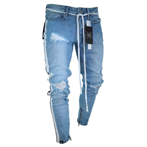Highstreet Men Cotton Ripped Slim Fit Zipper Denim Jeans