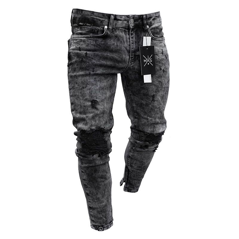 Hot Sale Men Ripped Slim Fit Zipper Design Denim Jeans