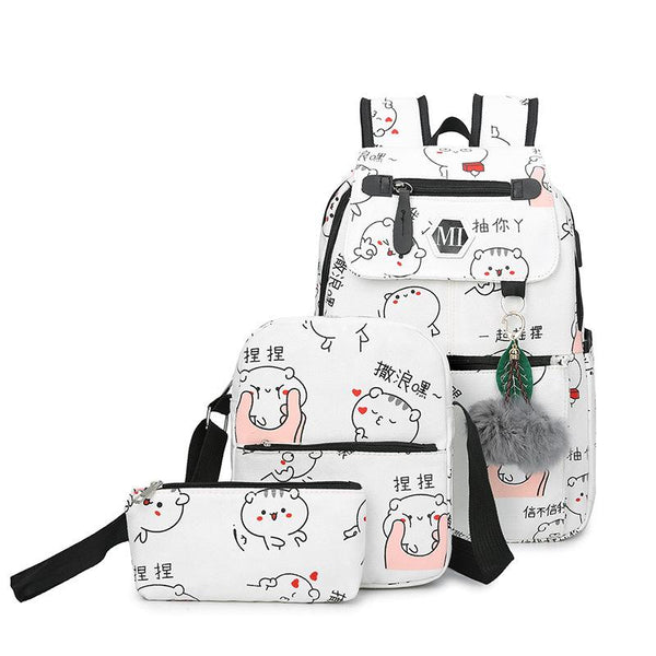 Campus Girl 3pcs/set Cute Bear Printed Zipper Design Canvas Backpack Mini Bag And Pencil Case