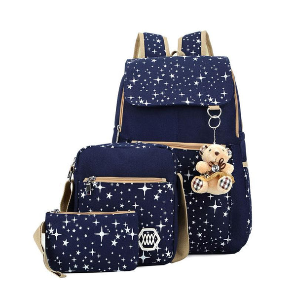 3pcs/set Fashion Star Printed Canvas Backpack Crossbody Bag And Pencil Case