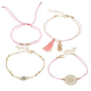 Handmade Ethnic Style Women Hollow Alloy Flower Pink Tassel 4pcs Bracelets Set