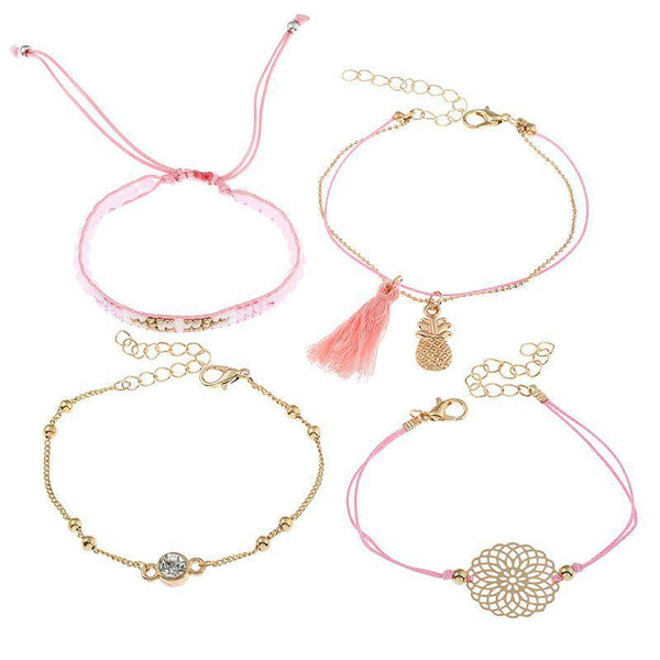 Handmade Ethnic Style Women Hollow Alloy Flower Pink Tassel 4pcs Bracelets Set