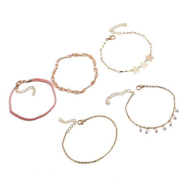 4pcs/set Sweet Women Handmade Braided Flower Pearl Decor Bracelets