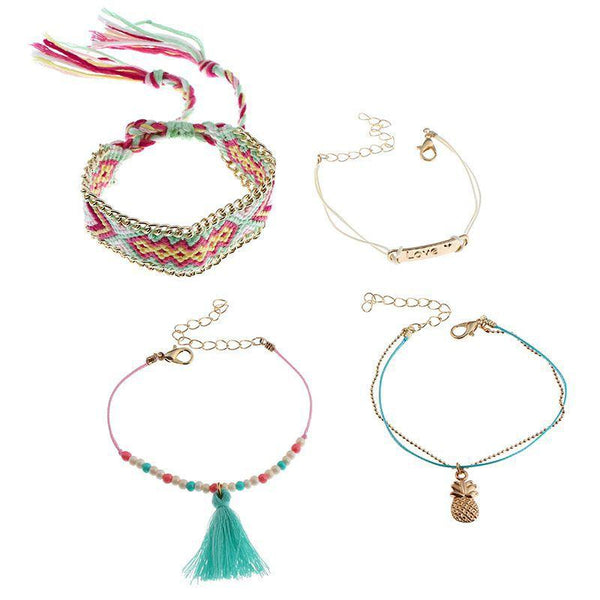 Candy Color Ethnic Style Fashion Handmade Woven Tassel Bracelets 4pcs/set