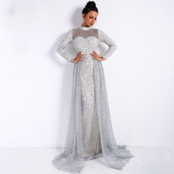 Women Elegant Mock Neck Mesh Patchwork Long-sleeve Glitter Detailing Overlap Evening Dress