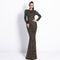 Creative Sequin Detailing Plaid Pattern Long-sleeve Bodycon Maxi Party Dress