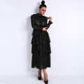 Women Elegant Vintage Pattern Ruffled Long-sleeve Buttoned Ankle-length Tiered Party Dress