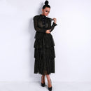 Women Elegant Vintage Pattern Ruffled Long-sleeve Buttoned Ankle-length Tiered Party Dress