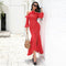 Women Red Chiffon Polka Dot Print Spaghetti Strap Off-shoulder Ruffled Slit Party Dress