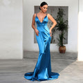 Elegant Women Solid Color Satin Deep V Neck Backless Sweep Train Party Dress