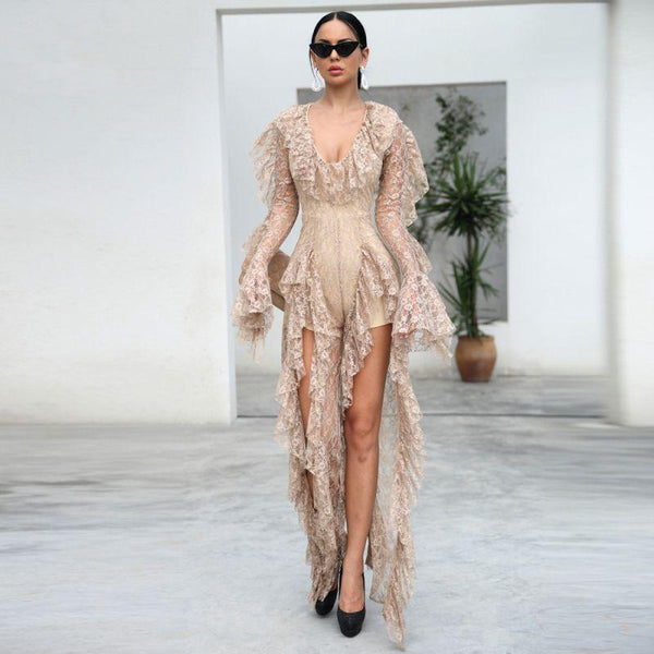 Women Irregular Design High-fashion Ruffled Lace Slit Party Dress Rompers