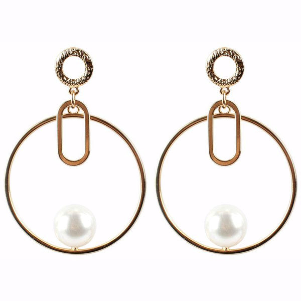 Elegant Women Simple Imitation Pearl Design Hollow Round Shape Drop Earrings