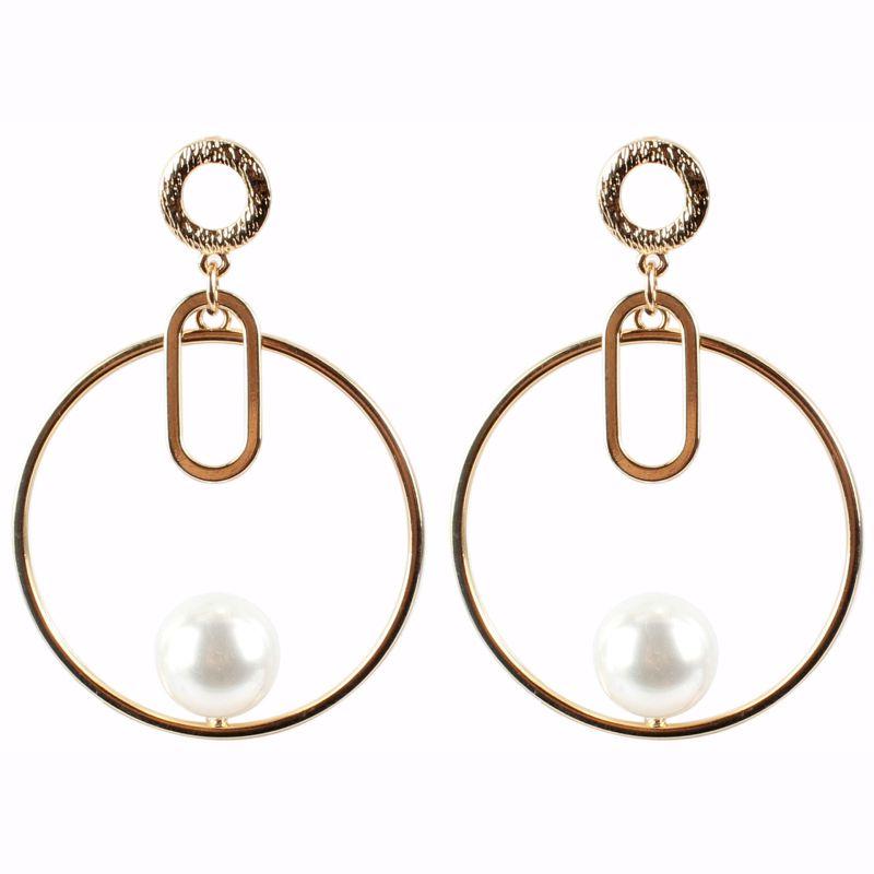 Elegant Women Simple Imitation Pearl Design Hollow Round Shape Drop Earrings