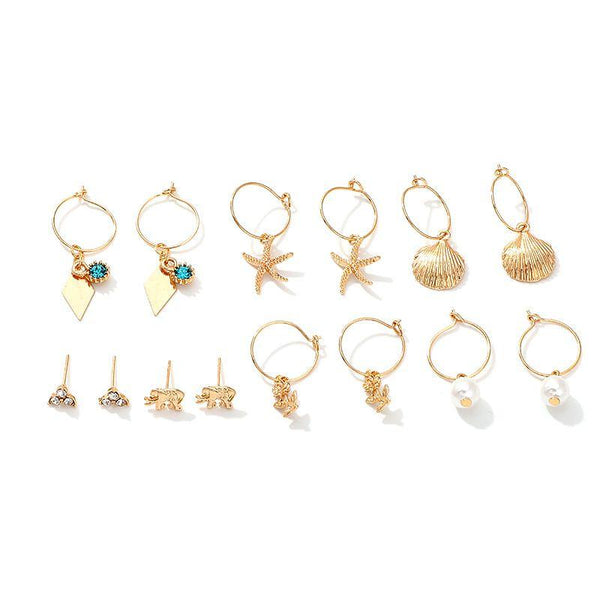 Fashion Summer Ocean Element Starfish Shell Design 7pairs/set Drop Earrings