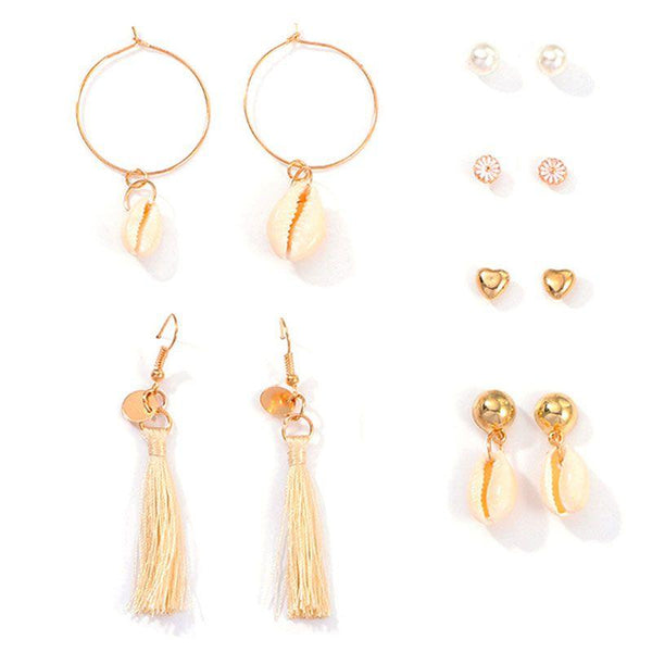 Women Fashion Vintage Tassel Shell Design 6pairs/set Earrings