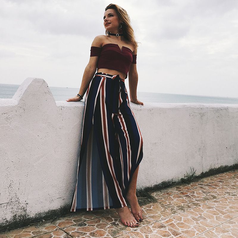 Casual Summer Cool Chiffon Stripes Pattern Side-slit Wide-leg Pants