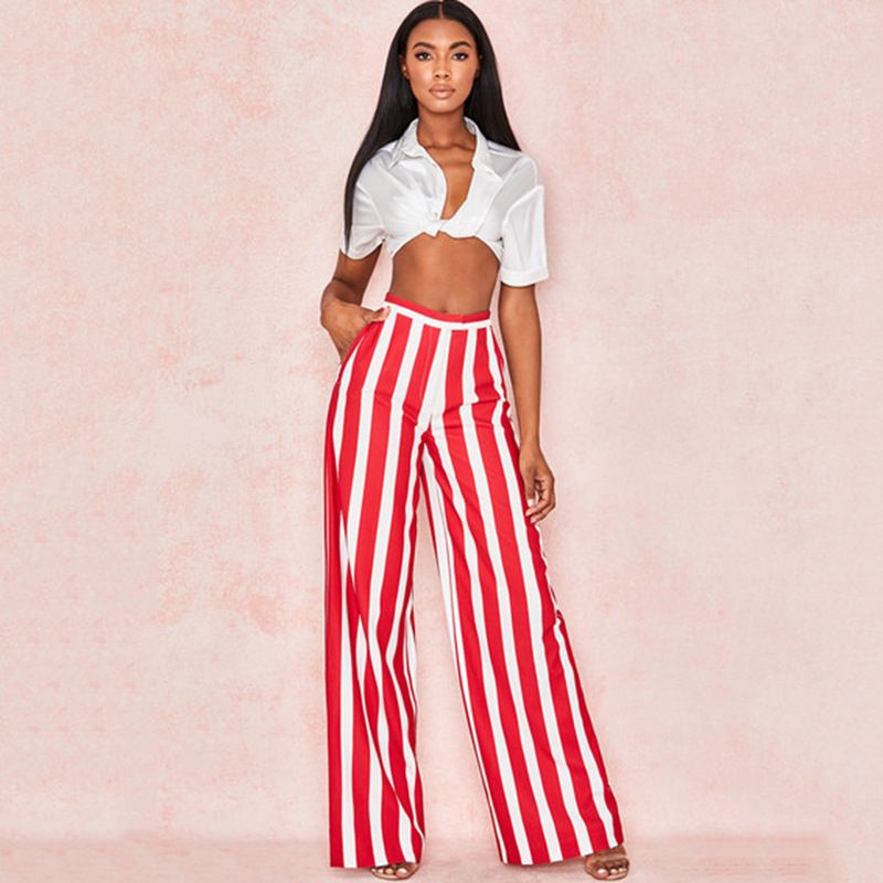 Casual Women Summer Color Blocking Stripes Pattern Wide-leg Pants