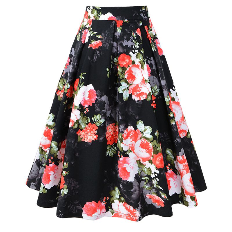 Hot Sale Classic Flower Printed Medium Length Swing Skirt