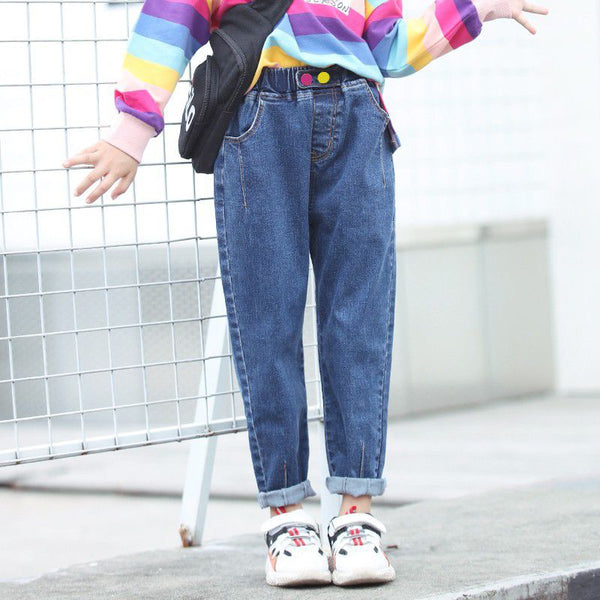 Casual Girls Solid Color Pocket Elastic Waist Denim Jeans