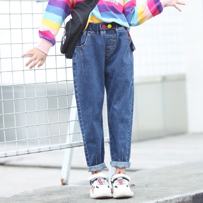 Casual Girls Solid Color Pocket Elastic Waist Denim Jeans