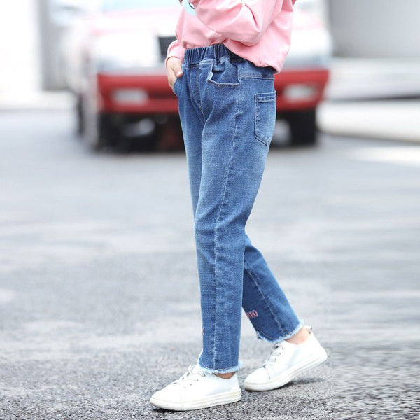 Girls Letter Embroidered Irregular Design Slim Slim Fit Denim Jeans