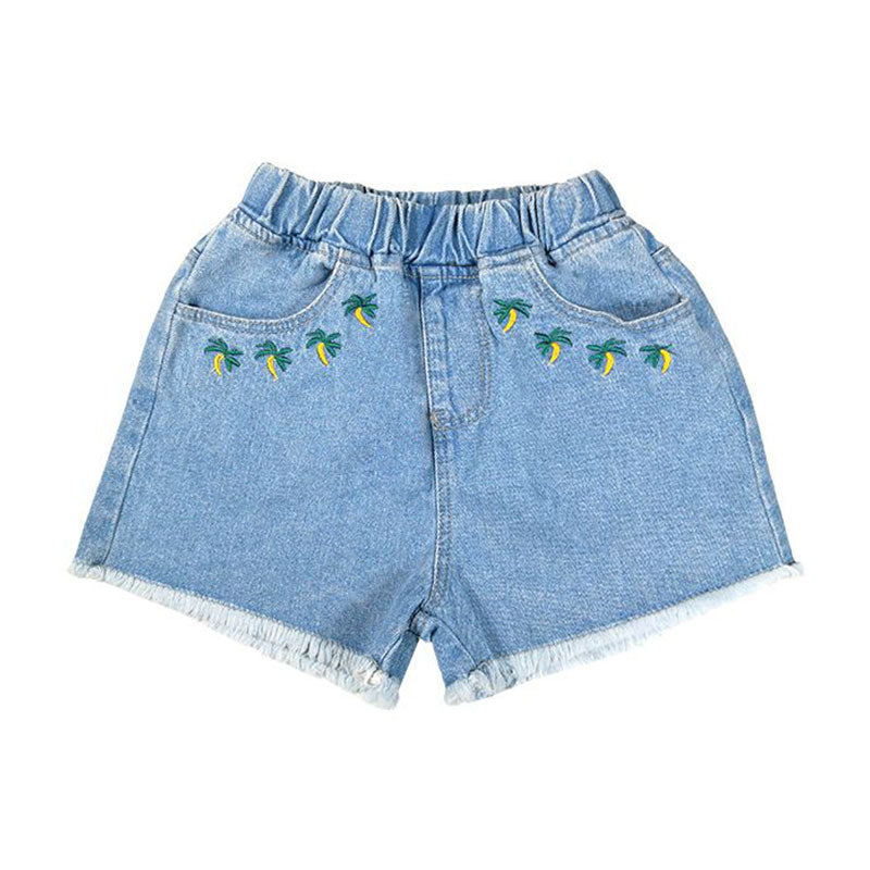Fresh Style Girls Embroidered Elastic Waist Denim Shorts
