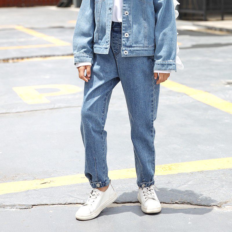 Girls Fashion Button Design Elastic Waist Denim Pants