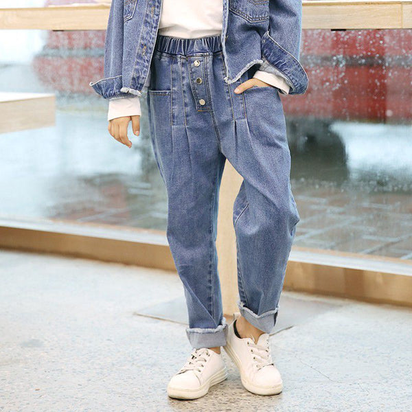 Girls Plain Pocket Design Denim Harem Pants