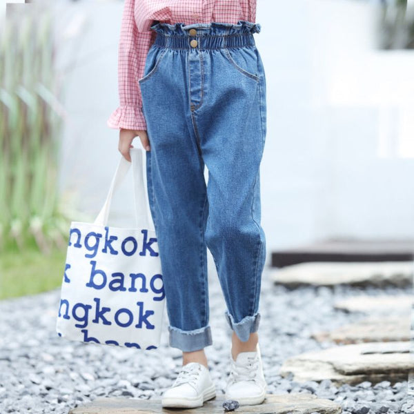 Girls Solid Color Ruffle Design Casual Denim Jeans