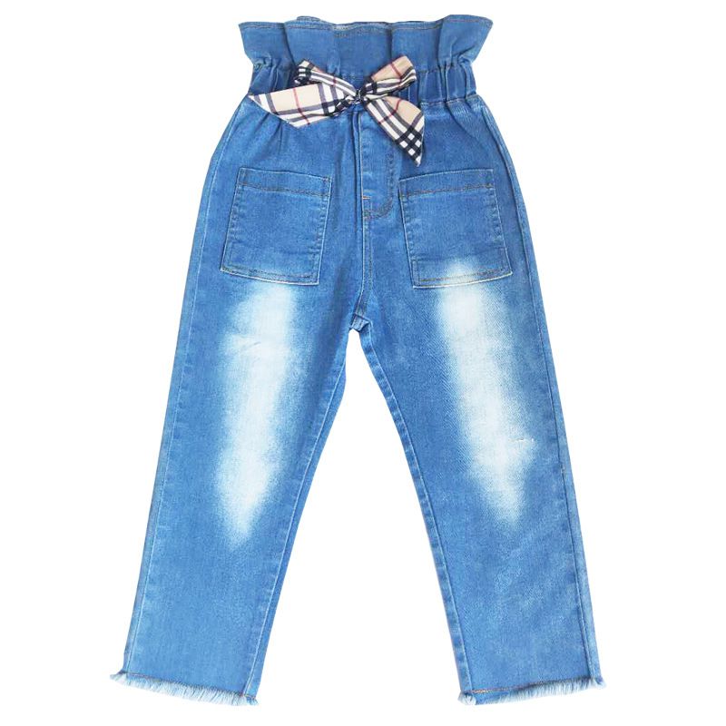 Girls Bowknot Design Elastic Waist Denim Jeans
