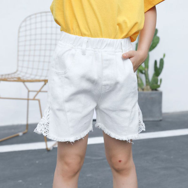 Fashion Girls Lace Patchwork White Denim Shorts