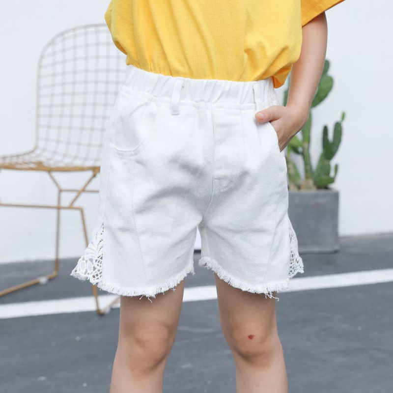Fashion Girls Lace Patchwork White Denim Shorts